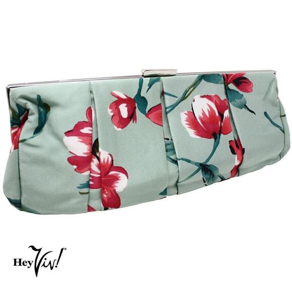 Express Floral Clutch Handbag in Sea Green and Pink Satin 12" Across - Hey Viv - Picture 5 of 7
